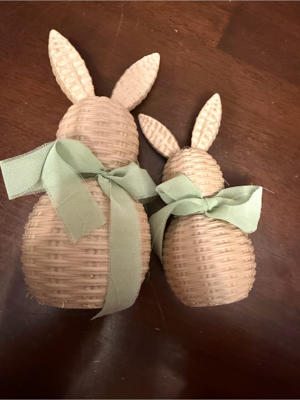 Handwoven Natural Rattan Bunny Pair with Sage Green Ribbon